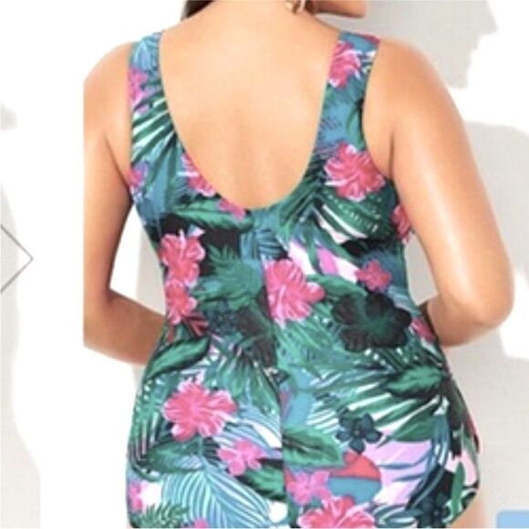 Swimsuits For All Sarong Front One Piece Swimsuit Green/Pink Hibiscus Floral - Picture 2 of 12